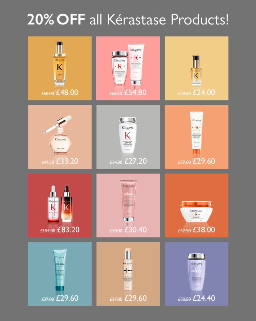 A promotional graphic from Headmasters Hair Salon for February 2026 featuring "20% OFF all Kérastase Products!" Against a dark grey background, a 3x4 grid displays twelve various Kérastase hair care products—including oils, shampoos, conditioners, and serums—set against vibrant, multi-colored square backdrops. Each product shows its original price crossed out in white next to a discounted sale price in bold white text, such as £60.00 reduced to £48.00 and £30.50 reduced to £24.40.